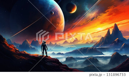 Astronaut Contemplating a Distant Galaxy. Generative ai 131896733