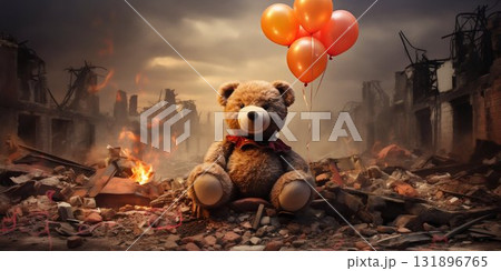 Teddy Bear Amidst Ruins with Balloons: Hope in Desolation. Generative ai 131896765