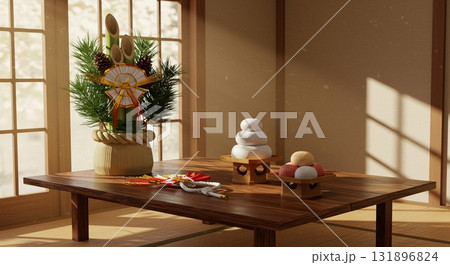 和室に置かれた門松と鏡餅 131896824