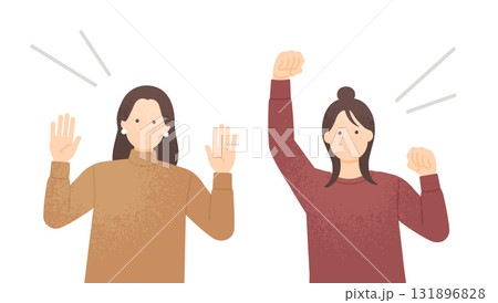 両手を上げて「やったー!」と喜ぶ二人 応援やエールを送る仲良し女性二人組のポジティブなイラスト 両手を上げて「やったー!」と喜ぶ二人 応援やエールを送る仲良し女性二人組のポジティブなイラスト 131896828