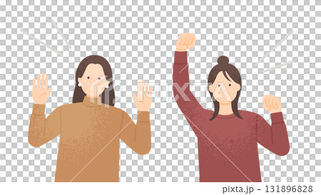 両手を上げて「やったー!」と喜ぶ二人 応援やエールを送る仲良し女性二人組のポジティブなイラスト 両手を上げて「やったー!」と喜ぶ二人 応援やエールを送る仲良し女性二人組のポジティブなイラスト 131896828