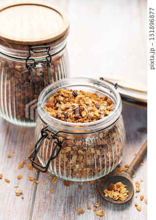 Homemade granola cereal with nuts and dried fruits 131896877