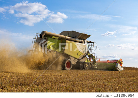 Heavy machinery is busy gathering harvested crops in the field under a clear blue sky and bright sunlight Heavy machinery is busy gathering harvested crops in the field under a clear blue sky and bright sunlight 131896984