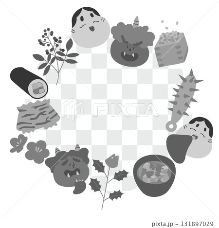 節分のイラスト フレーム 円形 モノクロ 節分のイラスト フレーム 円形 モノクロ 131897029