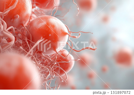Close-Up View of Red Cells with Tentacle Structures in Abstract Biological Setting 131897072