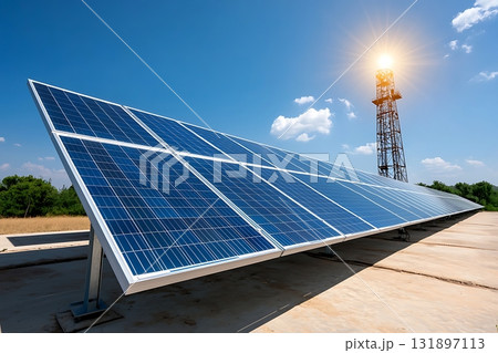 Solar Panel Installation Under Bright Sunlight with Communication Tower in Background 131897113