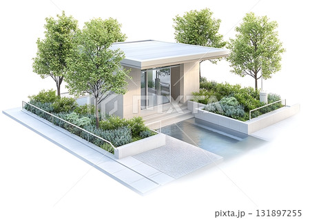 Modern minimalist house design with surrounding greenery and inviting water feature Modern minimalist house design with surrounding greenery and inviting water feature 131897255