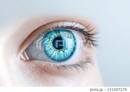 Close-Up of Human Eye with Stunning Blue Iris and Unique Texture in Soft Lighting 131897279