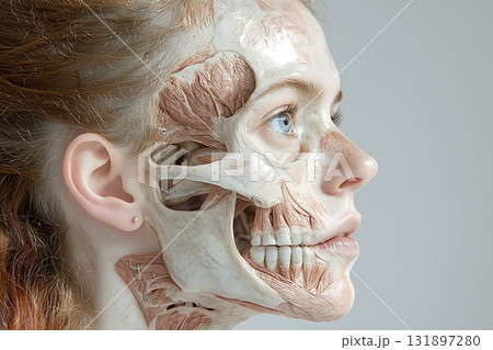 Anatomical Model of Human Face Showing Muscles and Skeleton in Side Profile View Anatomical Model of Human Face Showing Muscles and Skeleton in Side Profile View 131897280