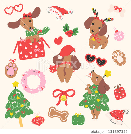 Christmas Dachshund Dog Elements Collection Festive Sausage Dog Cartoon Illustration set Christmas Dachshund Dog Elements Collection Festive Sausage Dog Cartoon Illustration set 131897333