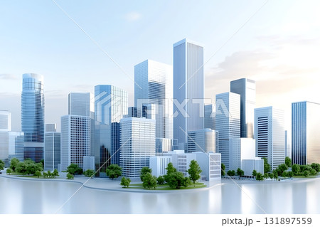 Modern City Skyline with Reflective Glass Buildings and Lush Green Trees in Urban Setting 131897559