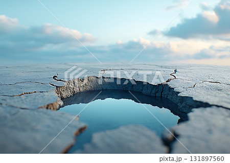 Cracked Earth Surrounds Small Water Pool Under Bright Sky with Soft Clouds and Horizon Cracked Earth Surrounds Small Water Pool Under Bright Sky with Soft Clouds and Horizon 131897560