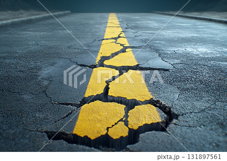 Cracked Asphalt Road with Yellow Line and Dramatic Perspective in Low Light Setting 131897561