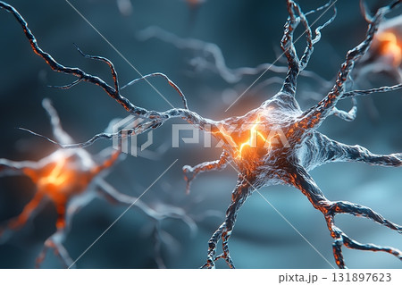 Detailed Close-Up of Neurons with Electrical Activity in a Dark Scientific Background Detailed Close-Up of Neurons with Electrical Activity in a Dark Scientific Background 131897623