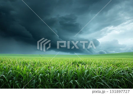 Dramatic Sky Over Lush Green Field Prior to Impending Storm with Dark Clouds 131897727