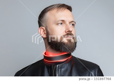 Stylish Man with Beard Wearing Black Leather Jacket and Futuristic Red Light Neckband 131897768