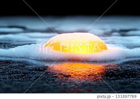 Vibrant Orange Sunset Reflection on Icy Surface Creating a Stunning Winter Scene 131897769