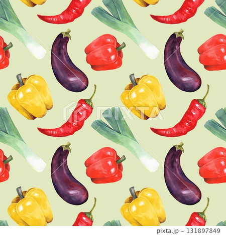 Seamless watercolor pattern with fresh eggplants, red, yellow bell peppers, chili peppers, and leeks on light green background. Design for kitchen decor, healthy food packaging, or culinary projects. Seamless watercolor pattern with fresh eggplants, red, yellow bell peppers, chili peppers, and leeks on light green background. Design for kitchen decor, healthy food packaging, or culinary projects. 131897849