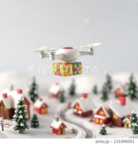 クリスマス・ドローンの贈り物が舞う雪の村のミニチュアシーン 131898091