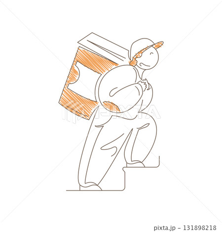 Minimalist Line Art Courier Climbing Stairs With Large Coffee Cup Vector Illustration 131898218