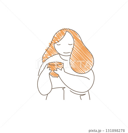 Minimalist Line Art Woman With Wavy Hair Drinking Takeout Coffee Vector 131898278