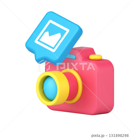 3d Realistic Icon Of Pink Camera With Blue Photo Bubble For Gallery App Interface Design 131898298