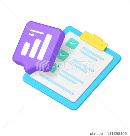 3d Realistic Icon Of Bright Task List With Blue Bubble And Data Analysis Chart For Business Apps 131898306