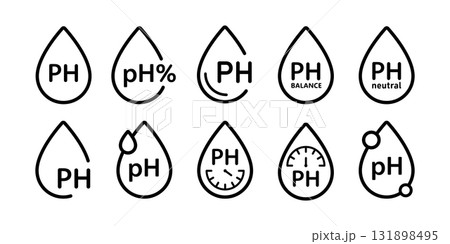 PH balance icons set. Neutral water level. Water PH measure. Neutral balance skin. Drop line icon. Healthcare design web symbol. Vector illustration isolated on white background PH balance icons set. Neutral water level. Water PH measure. Neutral balance skin. Drop line icon. Healthcare design web symbol. Vector illustration isolated on white background 131898495