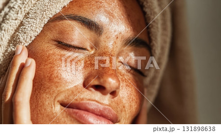 Woman enjoying glowing skin after self care routine 131898638