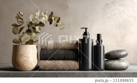 Spa bathroom products with eucalyptus and natural stones 131898655