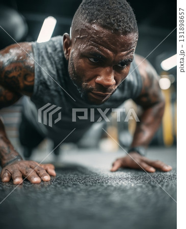 Man doing push ups showing fitness determination in gym 131898657