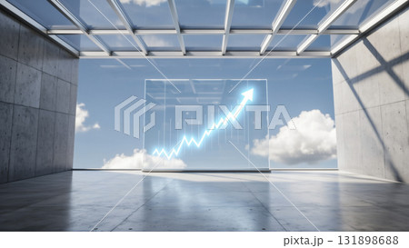 The ascending line graph of the glass screen panel on the floor of the concrete building 131898688