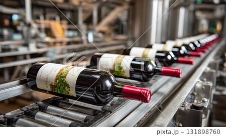 Wine bottles line up on a metal conveyor, undergoing automated packaging, a consistent product journey. Wine bottles line up on a metal conveyor, undergoing automated packaging, a consistent product journey. 131898760