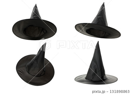 Four black witch hats on a white background, isolated, PNG Four black witch hats on a white background, isolated, PNG 131898863