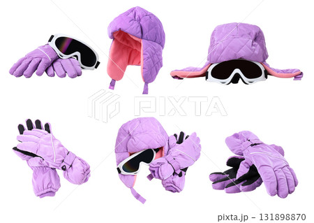 Purple winter hat, gloves, and goggles set, isolated, PNG 131898870