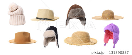 Various hats lined up on a white background, isolated, PNG Various hats lined up on a white background, isolated, PNG 131898887