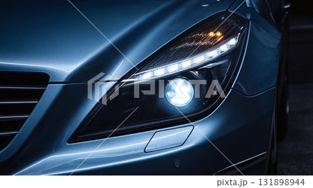 Sleek car headlight illuminating the night with its modern design. Captivating automotive artistry in focus. Stylish, powerful, and ready to go. 131898944