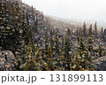Snowing at the unique formation with boulder rocks in mountains in fall. 131899113