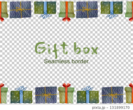 Seamless border with festive blue and green gifts. Watercolor illustration of a gift box is perfect for prints, decor, and cards. 131899170