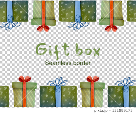 Seamless border featuring festive green gifts with ribbons. Watercolor illustration of the gift box is perfect for prints, decor, and cards. Seamless border featuring festive green gifts with ribbons. Watercolor illustration of the gift box is perfect for prints, decor, and cards. 131899173