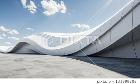 3D rendering of buildings with empty concrete floors and curved white walls 131899288