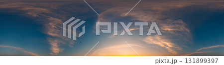 Sunset sky with bright glowing pink Cirrus clouds. Seamless spherical HDR 360 panorama. Full zenith or sky dome in 3D, sky replacement for aerial drone panoramas. Climate and weather change. 131899397