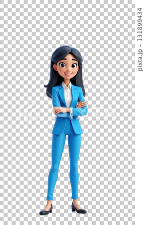 A resilient female leader in bright blue, framed by abstract projections of corporate networks and innovative strategies, symbolizing her commitment 131899434