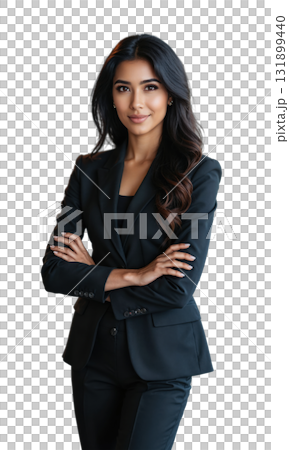 A South Asian female entrepreneur with a confident expression, standing in a bright, modern office. Her arms crossed reflect authority 131899440