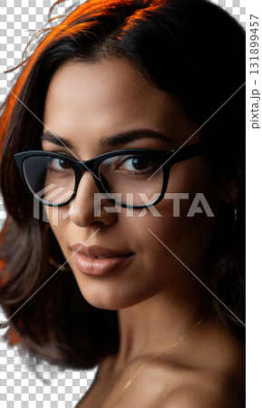 A Latina woman with a chic bob and bold glasses, her face illuminated by warm, glowing lines, symbolizing creativity, focus 131899457
