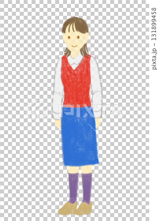 赤いベストを着た若い女性、笑顔、全身 131899458