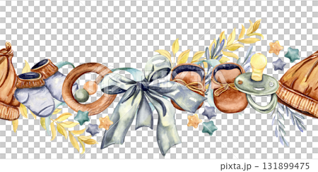 Seamless border with baby clothes, pacifiers, hats, teethers and leafy branches watercolor illustration 131899475