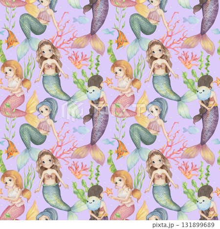 Watercolor Seamless pattern with cute mermaid Watercolor Seamless pattern with cute mermaid 131899689