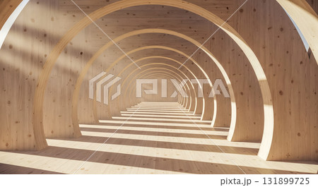 Abstract background of wooden arches creating long tunnel with soft light, modern architectural corridor representing path, journey and future concept Abstract background of wooden arches creating long tunnel with soft light, modern architectural corridor representing path, journey and future concept 131899725