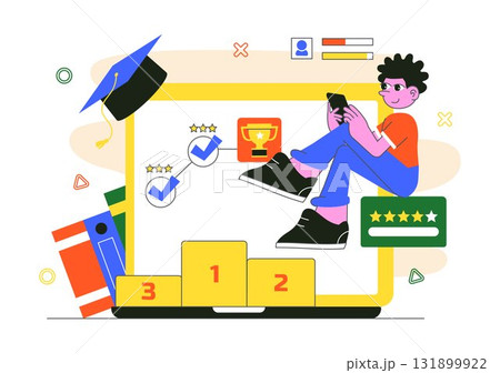 Interactive Learning Gamification Vector Illustration Featuring LMS Interface with Tablet, Book, Game Controller, and Lab Flask in a Flat Background Interactive Learning Gamification Vector Illustration Featuring LMS Interface with Tablet, Book, Game Controller, and Lab Flask in a Flat Background 131899922